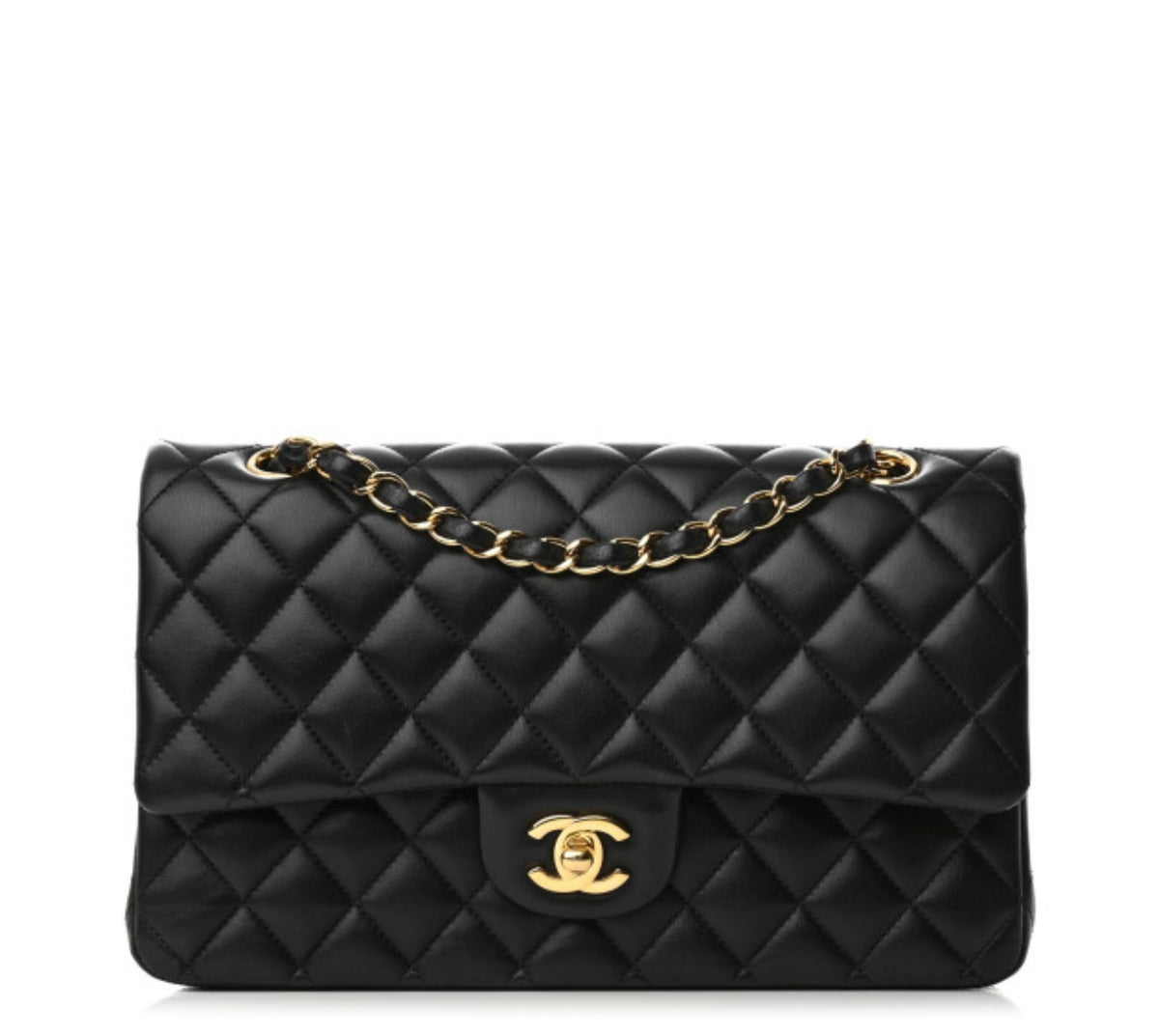 Pre Owned Lambskin Quilted Medium Double Flap Black