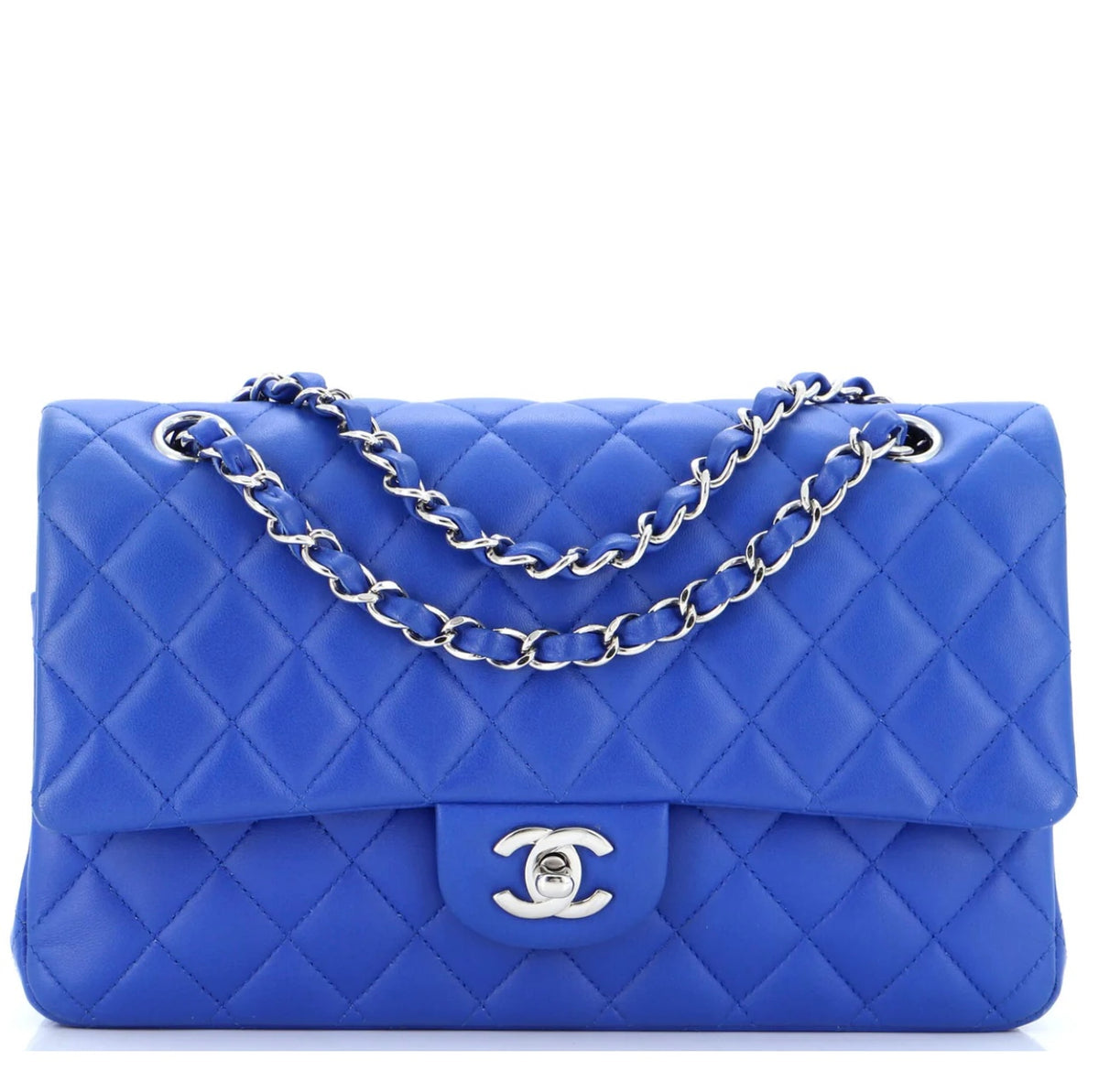 Blue Lambskin Quilted Medium Double Flap